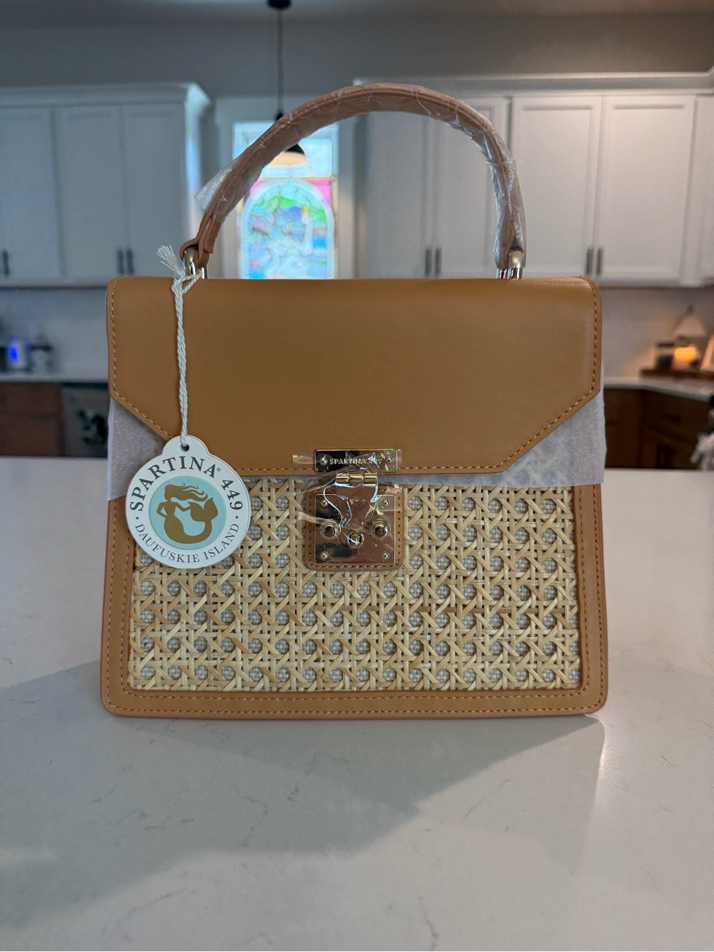 NWT Spartina 449 Penny Satchel Rattan Woven Leather Top Handle Bag